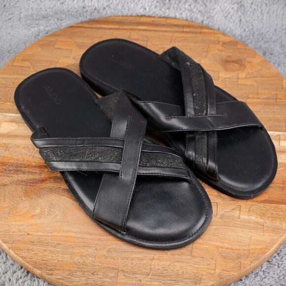 ALDO Crossband Slide Sandals Black Leather 1112956 Men US 9 M - Picture 1 of 6